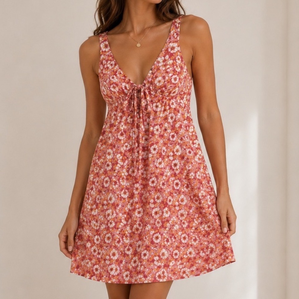 Copper Key Floral Mini Dress Womens XL Pink Sleeveless Tie Front Zip Y2K